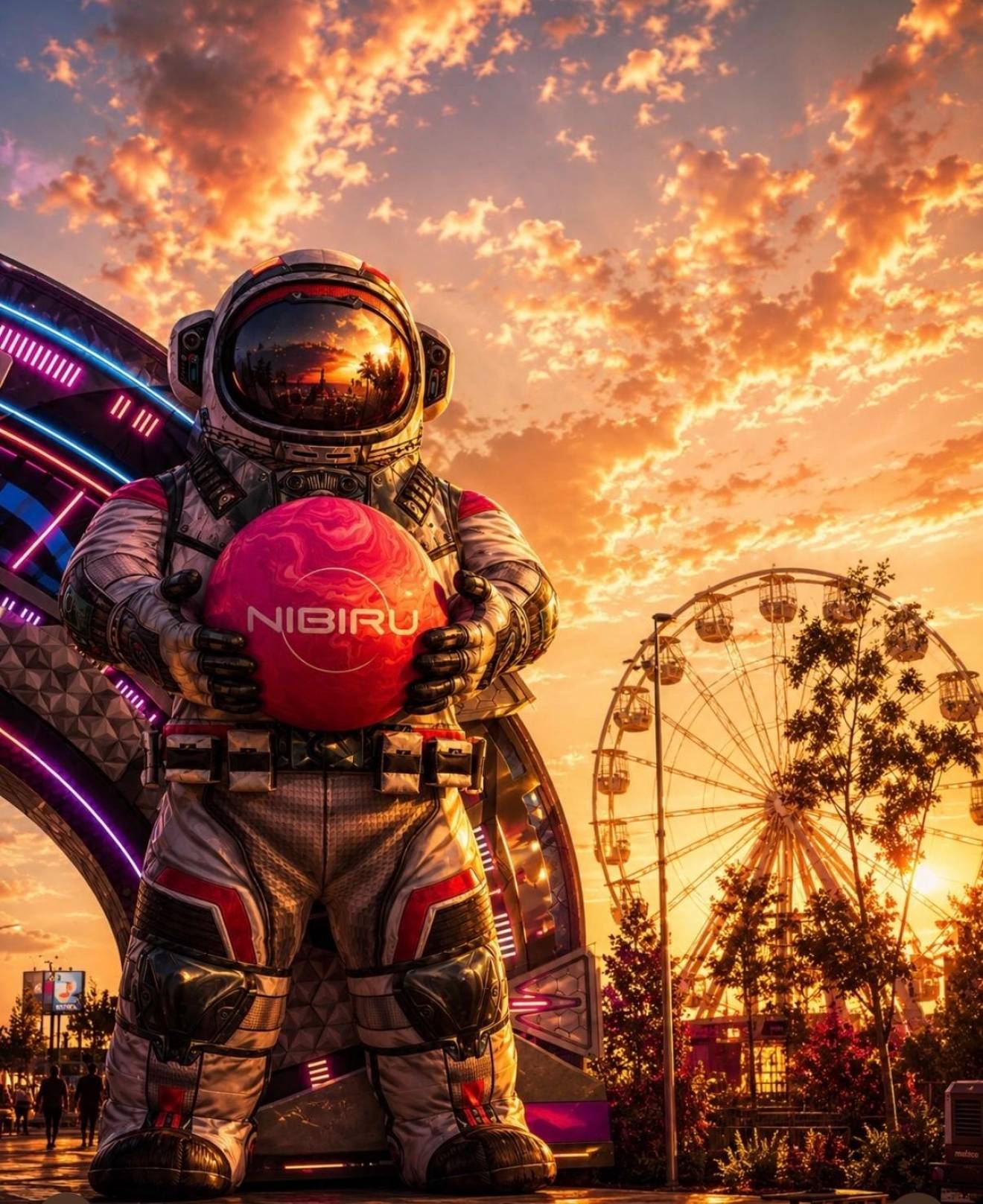 Giant inflatable mascottes en personages 12 meter hoge staande opblaasbare astronaut die bij zonsondergang een verlichte planeet Nibiru vasthoudt X-Treme Creations