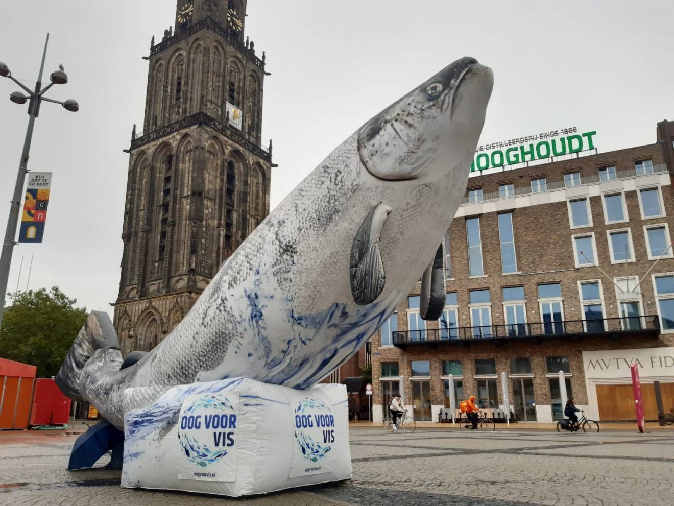 Grote opblaasbare dieren Opblaasbare vis op sokkel op een Nederlands markplein gemaakt voor de NGO compassion in world farmin, dieren, zalm X-Treme Creations