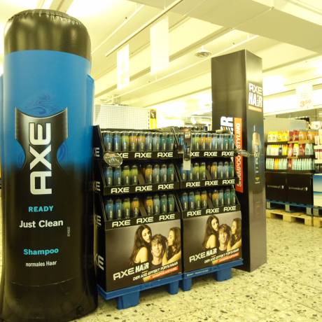 POS/POP Inflatable as point of sale material airtight inflatable, miniature inflatable, reach compliant, instore, shower gel, sampling action, Axe, Unilever, German shop X-Treme Creations