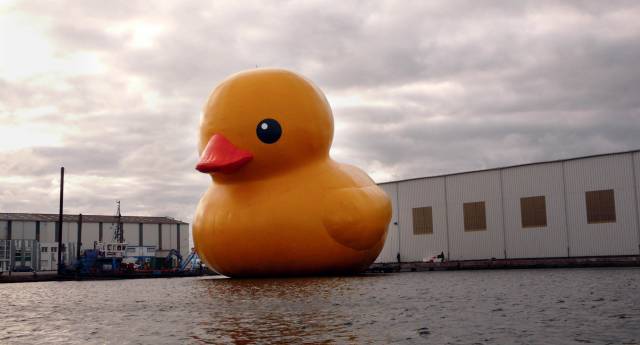 Giant inflatables Draw attention with giant inflatables inflatable floating yellow bath duck 15 m high in the port of Nantes X-Treme Creations