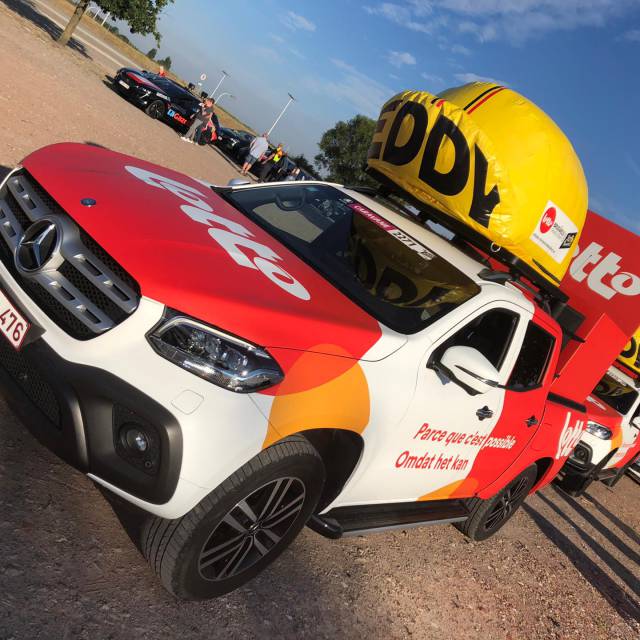 Honoring Eddy Merckx in style during  Giant inflatables Inflatable iconic cap on Mercedes X-class pick-up photoshoot in 2019 X-Treme Creations