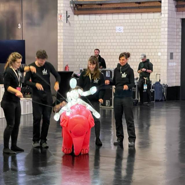 X-Treme Creations Miniature elephant Delirium taking a character for a ride on the Future of Festivals exhibition in Berlin