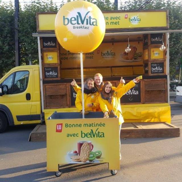 Miniature airtight inflatable balls Inflatable airtight Belvita sphere fixed onto metallic pole as eye-catcher for a sampling stand by field marketing agency Newworld X-Treme Creations