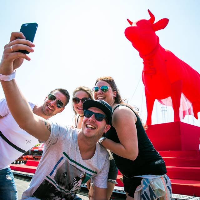 Große aufblasbare Tiere Die aufblasbare Kuh-Ikone für das Flying Dutch Festival in Amsterdam scheint sehr Social-Media-freundlich zu sein X-Treme Creations