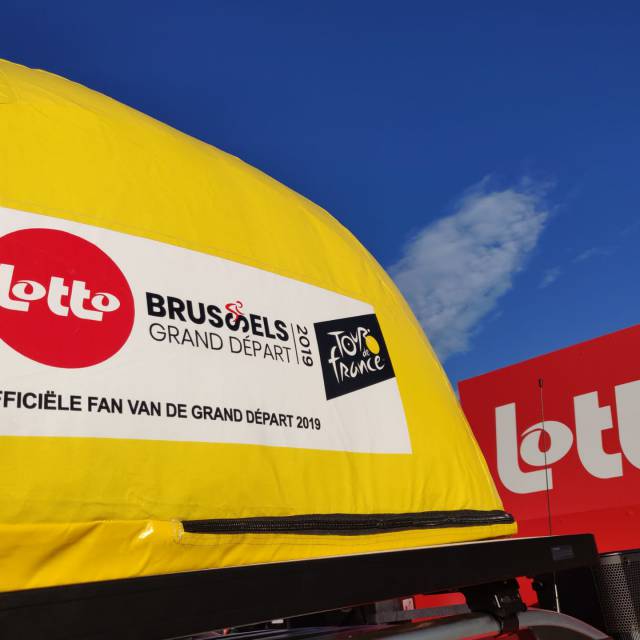 X-Treme Creations Inflatable iconic yellow cap Lotto Brussels Tour de France 2019 close up logos on the side