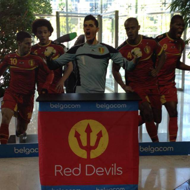 Large format print displays promotional foldable desk with dye sublimated banner of the Red Devil Belgian National Football Team X-Treme Creations