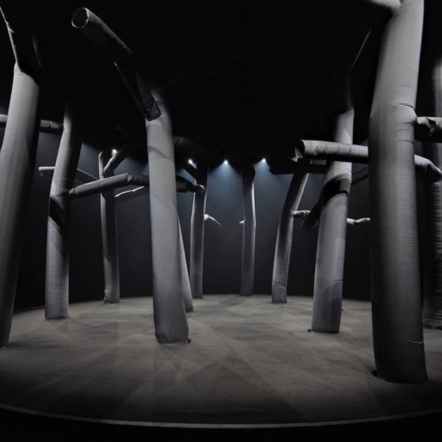 Giant inflatable skydancer Inflatable dynamic Black Forrest of 12 Moncler trees with silent blowers during fashion week in Milano for Villa Eugenie X-Treme Creations
