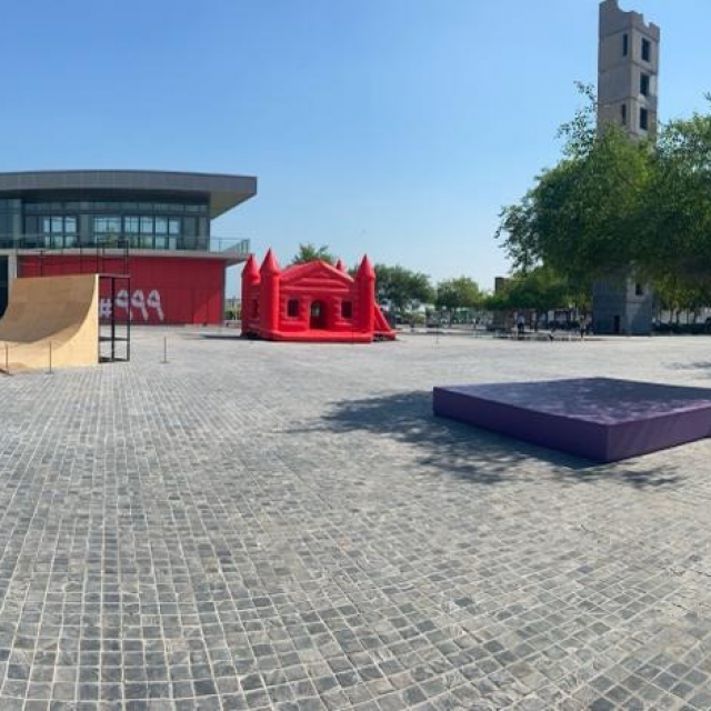 X-Treme Creations inflatable red house with slide during Virgil Abloh exhibition in Doha Museum in Qatar