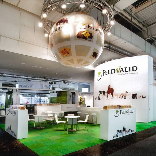 Giant inflatable spheres inflatable ball full color printed and internally illuminated of 3 m diameter hanging above the Feed Valid booth  during an agricultural exhibition X-Treme Creations