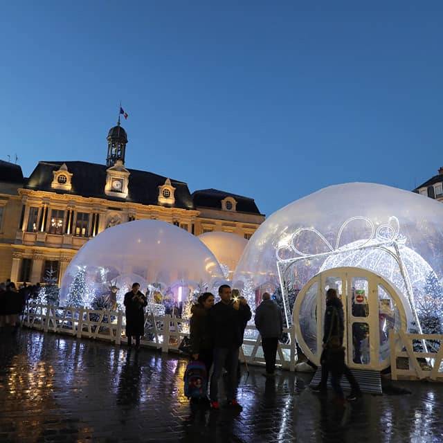 Giant inflatable stands inflatable transparent pvc bubbles of 12, 10 and 8 meter diameter with entrance tunnel for the Christmas Market in the city of Troyes in France X-Treme Creations