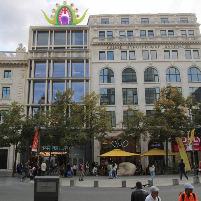 Big inflatable animals inflatable green monster on the roof of the Primark in Antwerp during Antwerp on Air organized by Phil Blondé X-Treme Creations
