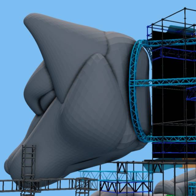 X-Treme Creations drawing of installation of the inflatable wolf head against the stage