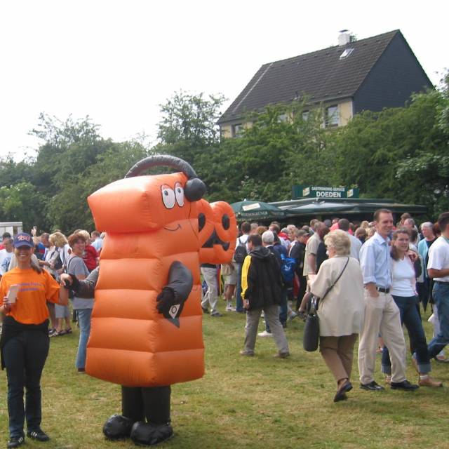 Giant inflatable costumes and walkers inflatable walker 2,2 m high during an event for a German retail chain called Kleine Preis  X-Treme Creations