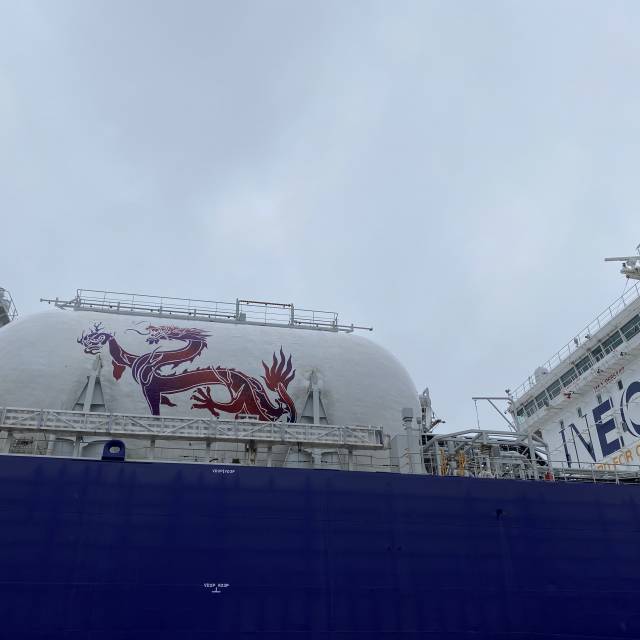 X-Treme Creations 13 m long full color Dragon sticker on port side LNG ship JS Ineos Intrepid in the Fayard shipyard withouth scalfolding printed by Viskilter in Danmark