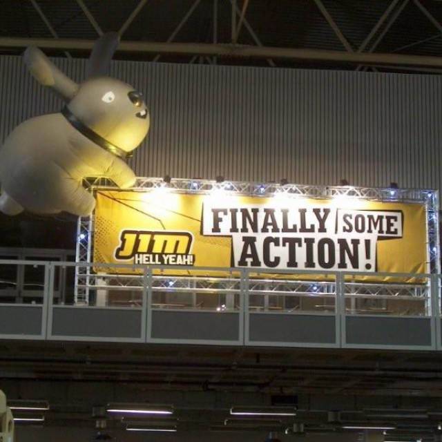 Big inflatable animals moving inflatable animal like Rabbit on a truss billboard for Jim Radio X-Treme Creations
