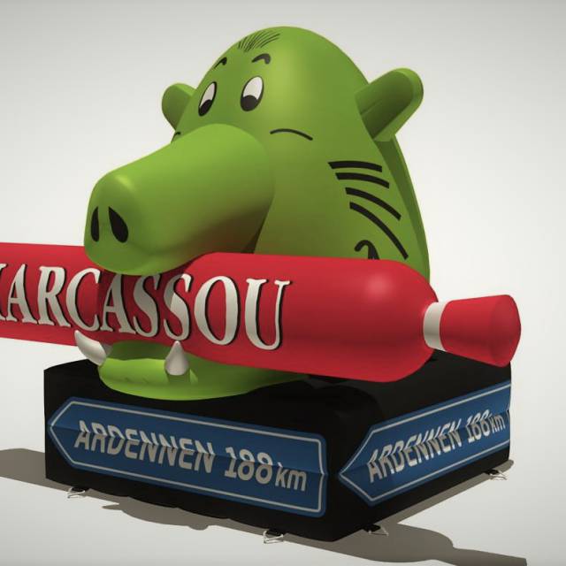 X-Treme Creations inflatable head of boar color drawing indicating the distance of 188 km to the headquarters in the Ardennes