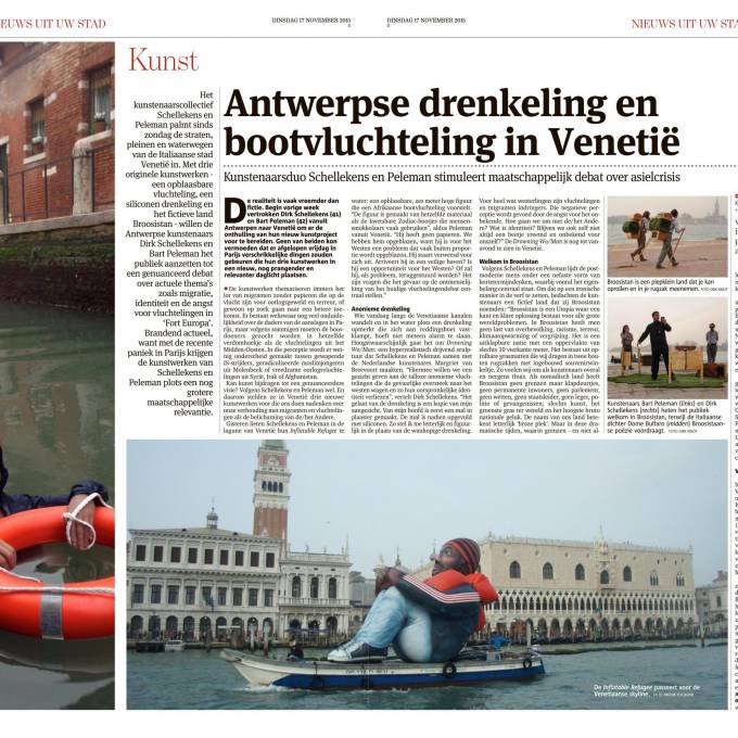 Inflatables in the media inflatable refugee press article, inflatable refugee in Venice, global press artists Schellekens & Peleman immigration  X-Treme Creations