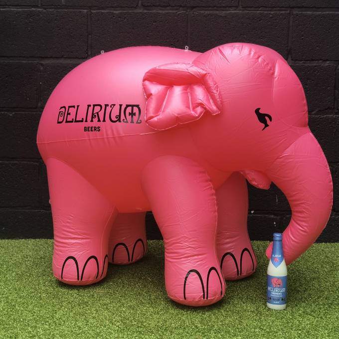 Large inflatable promotional material | X-Treme Creations Airtight inflatable elephant 100 cm long conceived as POS material with a bottle of Delirium beer POS/POP  & Promotion and gadgets  &  Huyghe Brewery X-Treme Creations