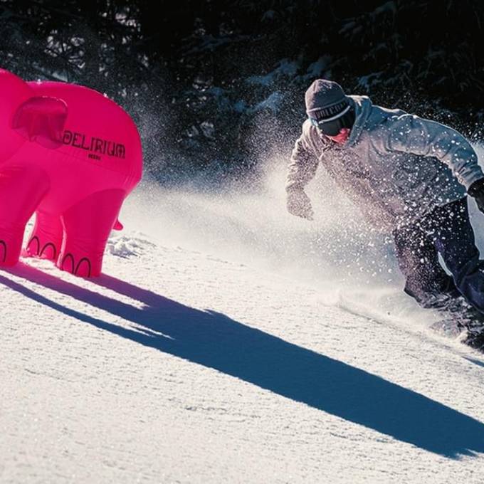 Groot opblaasbaar promotiemateriaal | X-Treme Creations Miniatuur opblaasbare olifant off-piste snowboarden in de Franse Alpen POS/POP  & Promotie- en gadgetmateriaal  &  Huyghe Brewery X-Treme Creations