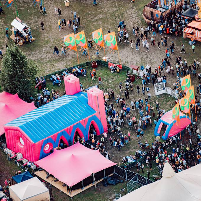 Large inflatable promotional material | X-Treme Creations inflatable 16m long x 9m wide iAbsolut Pink cathedral during Elrow in Amsterdam Events  & Festivals  & Brand activation  &  Elrow Beanstalk for Absolut X-Treme Creations