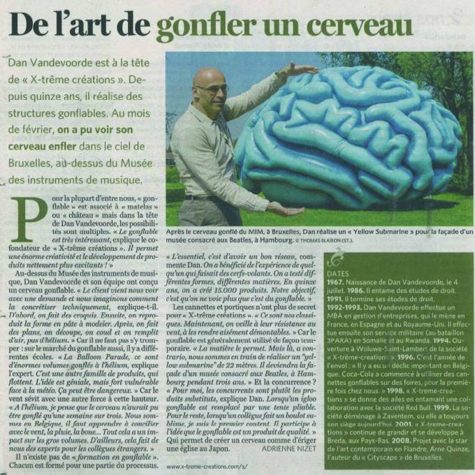Inflatables in the media inflatable brains article, Museum Night Fever, permanent roof inflatable in shape of brain, Brussels by night X-Treme Creations