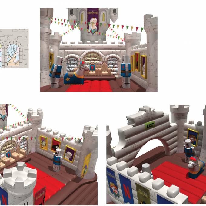 Large inflatable promotional material | X-Treme Creations Visual of the bouncy castle with towers and other attributes Events  & POS/POP  & Festivals  & Brand activation  &  Netflix MNSTR X-Treme Creations