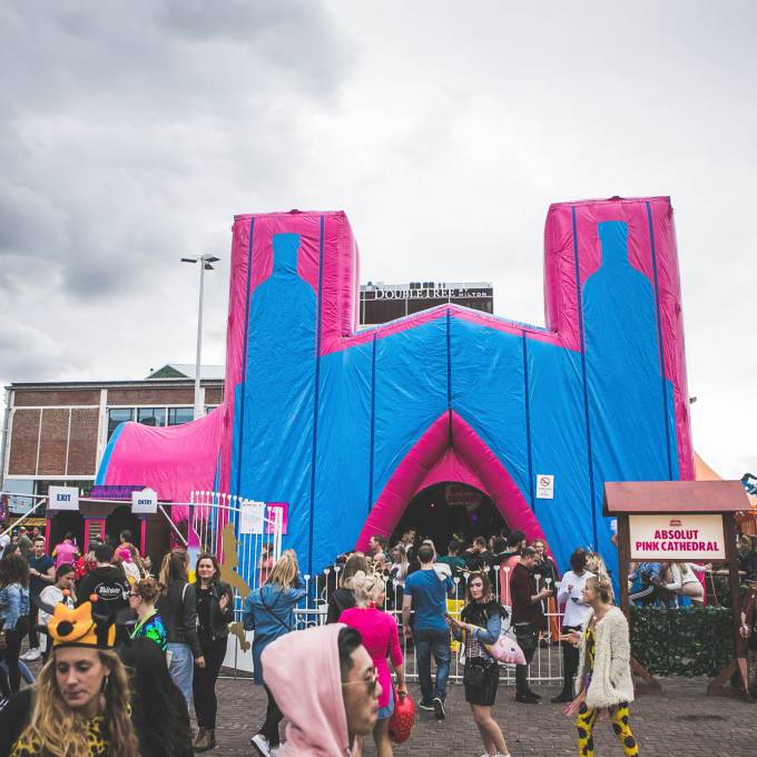Large inflatable promotional material | X-Treme Creations Gigantic 16m long x 9m wide inflatable Absolut Pink cathedral during the Elrow Amsterdam Events  & Festivals  & Brand activation  &  Elrow Beanstalk for Absolut X-Treme Creations