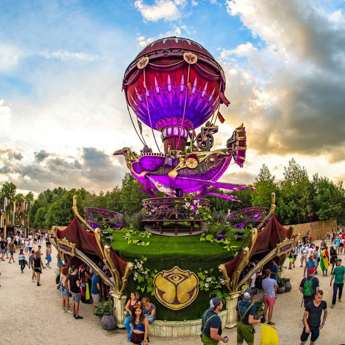 Large inflatable promotional material | X-Treme Creations Viking-inspired steampunk airship with purple and red glow at the Tomorrowland Festival in Boom Festivals  & Events  &  ID&T Tomorrowland X-Treme Creations